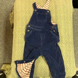 Corduroy blue overalls, lined with red stripes.  18-24 months from Baby Boden.